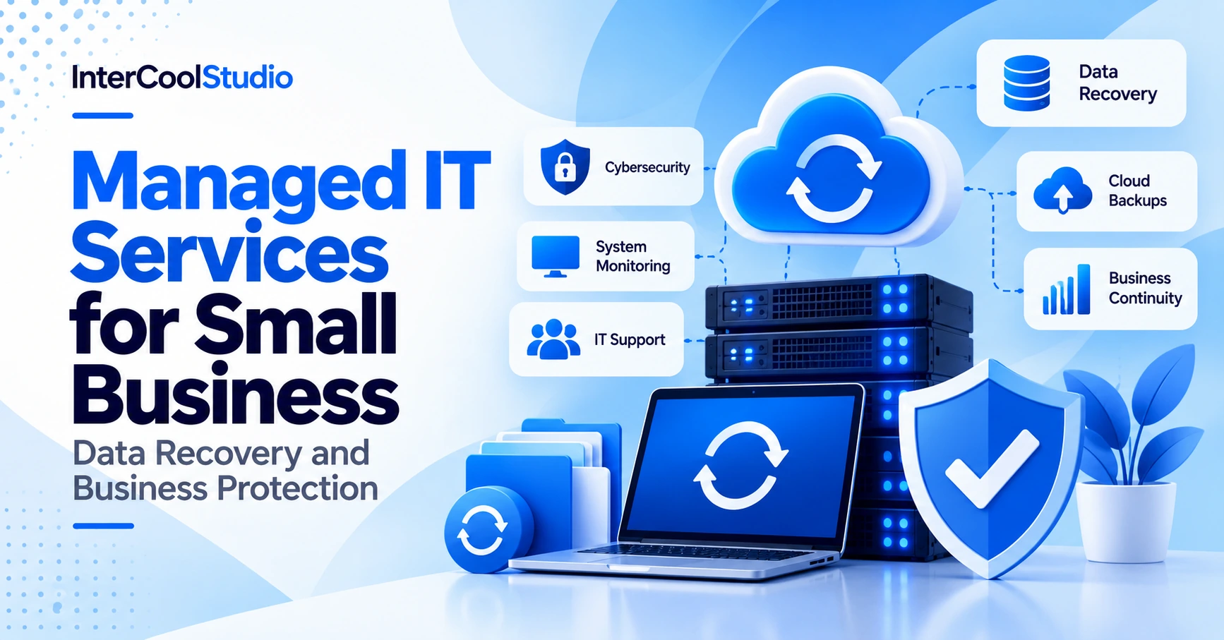 Managed IT services for small business featuring emergency data recovery, cybersecurity, cloud backups, system monitoring, and business continuity.