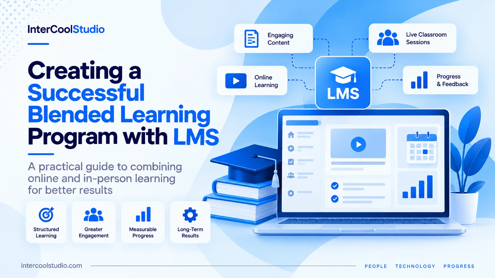 Creating a successful blended learning program with LMS, combining online learning, classroom sessions, course content, and progress tracking.