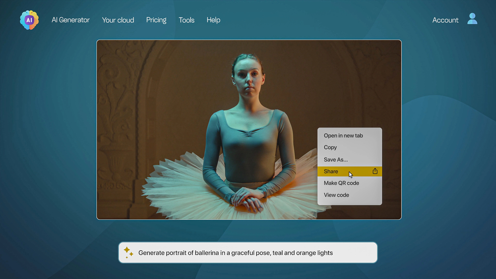 User interface of AI image generator with a ballerina photo