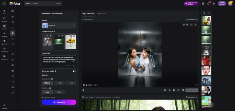 elements combination mode of Fotor AI video generator